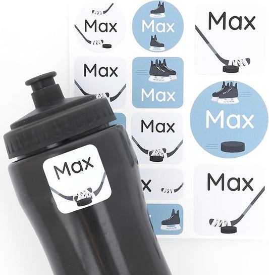Large Name Labels for Kids (33) - Custom Stickers for Daycare and School Supplies - Durable, Waterproof Stickers for Water Bottles, Lunch Boxes, and More with Unique Designs - Hockey