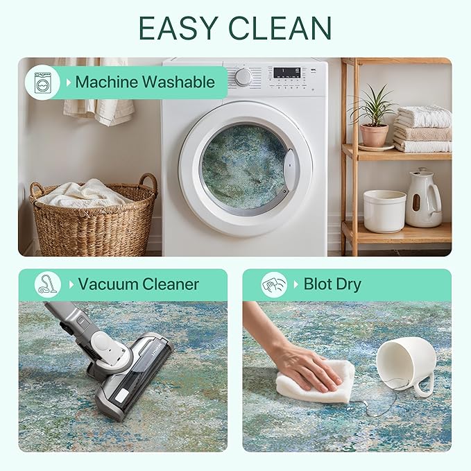GENIMO Washable Rugs 4x6 Area Rugs for Living Room Bedroom, Modern Lightweight Rug Ultra Soft Indoor Area Rugs 4x6 for Dining Room, Low Pile Carpet with Non Slip Backing, Blue Green