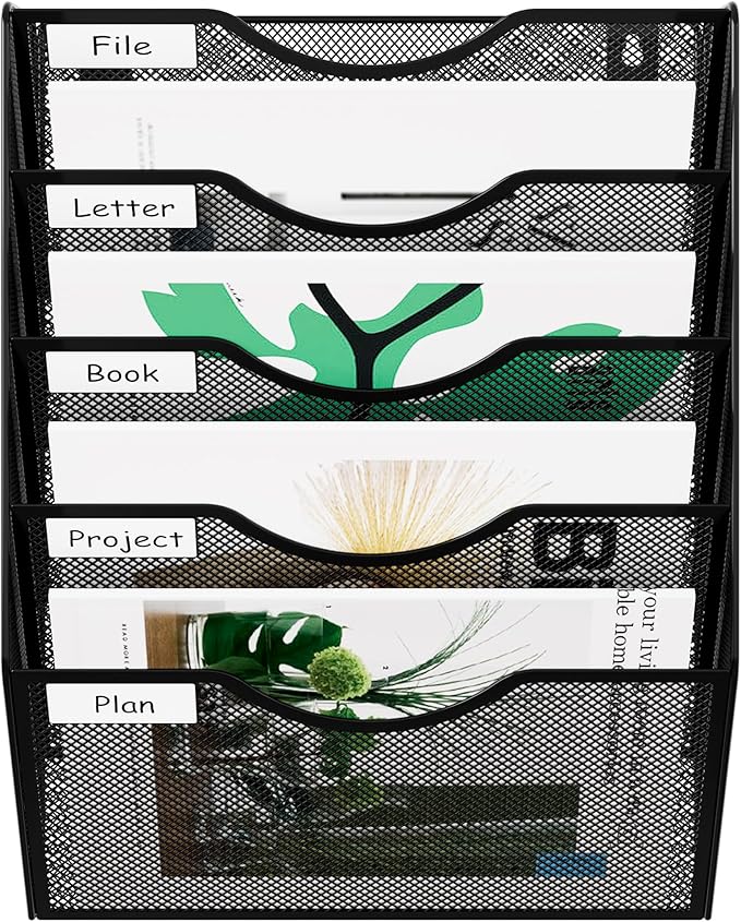 EasyPAG 5 Pocket Mesh Wall File Organizer, Hanging Paper Folder Holder with Classify Label, Vertical Wall Mount Mail Organizer for Office Home Classroom, Black