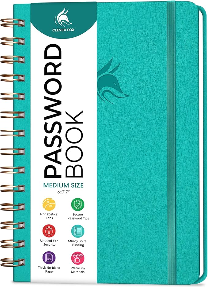 Clever Fox Password Book Spiral – Internet Address & Password Organizer with Laminated Alphabetical Tabs – Password Keeper Journal – Hardcover, Medium Size, 6.1x7.7” (Turquoise)