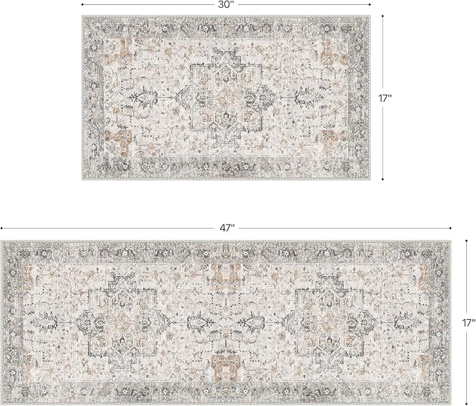 GENIMO Runner Rug 2PCs, Machine Washable Non Slip Vintage Hallway Runner Rug 17.3"x47"+17.3"x30", Low Pile Lightweight Rugs for Indoor Entryway, Hallway, Kitchen and Corridor, Light Taupe Brown