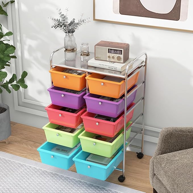 LDAILY 10 Drawer Rolling Cart, Storage Cart Organizer on Wheels, Drawer Cart with Metal Frame & Large Storage Capacity, Rolling Cart with Drawers for Living Room Classroom, Office