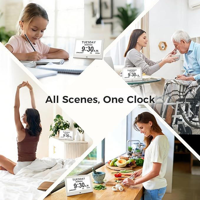 7'' Digital Clock, Dementia Clock With Date And Time, 10 Reminders, 6 Alarms, Auto-Dimming, Auto DST, Remote Control, Large Display Alarm Clock For Seniors, Gifts For People With Dementia, White