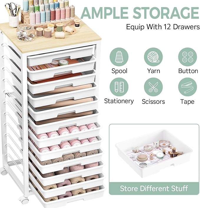 SYKIARIOL Rolling Cart with Drawers,12 Drawer Rolling Cart,Rolling storage cart with drawers,White Rolling Drawer Cart,Teacher Rolling Cart for Classroom Storage,Craft Cart with Wooden Tabletop