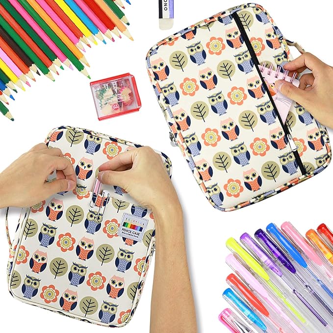 YOUSHARES Colored Pencil Case 220 Slots Pen Case Organizer With Handy Wrap & Zipper, Multilayer Holder for Prismacolor Colored Pencils & Gel Pen (Cartoon Owl)
