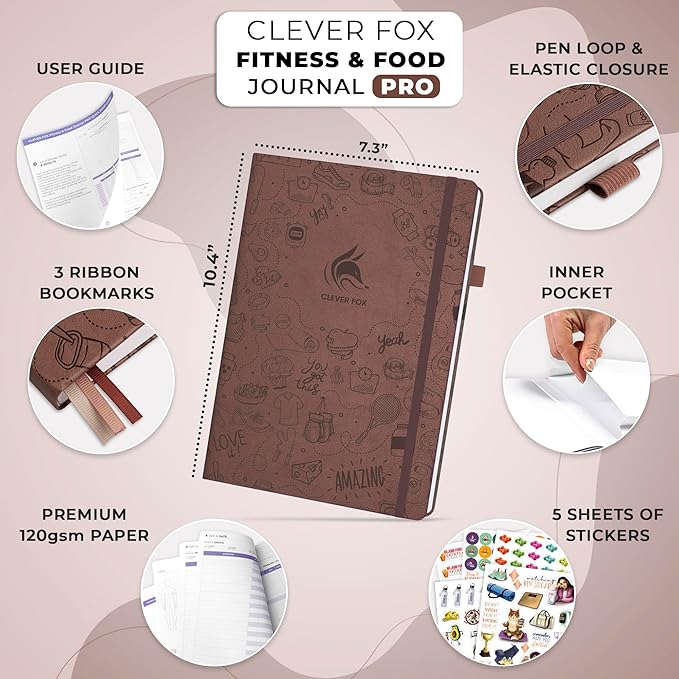 Clever Fox Fitness & Food Journal PRO – Daily Workout & Meal Planner for Women & Men – Exercise & Weight Loss Diary Notebook, 7.3x10.4” (Dark Terracotta)