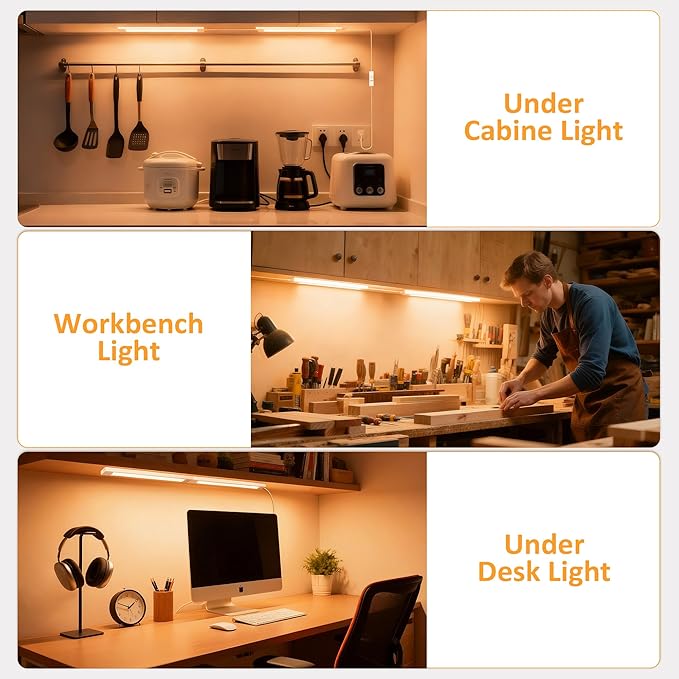 maylit Under Cabinet Lighting Plug in, 6Pcs 14 Inch Linkable Ultra Bright LED Light Bars, Renter Friendly Lamp, Wired 110V 120V Indoor Lights for Kitchen Cabinet, Counter, Workbench, Shelf, Warm White