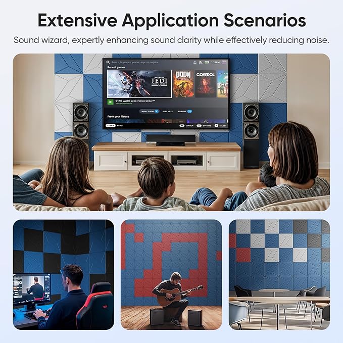 UNECHO 12 Pack 12" X 12" X 0.4" Acoustic Panels for Wall Sound Absorbing, P-Stripes Square Self-Adhesive Sound Panels, High Density Suitable for Multiple Scenarios(Yale Blue)