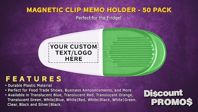 50 Magnetic Memo Holders Set - Customizable Text, Logo - Large Clip, Plastic - White Green