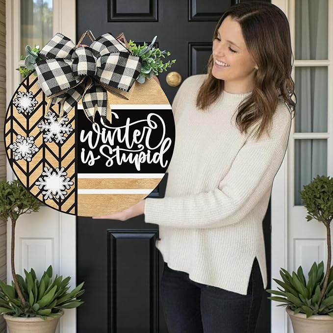 Wood front door sign Wood sign Home decor Welcome sign Sign for front door House warming gift Wedding gift (Winter is stupid1.0(UV091(A16) S001, 15" Width)
