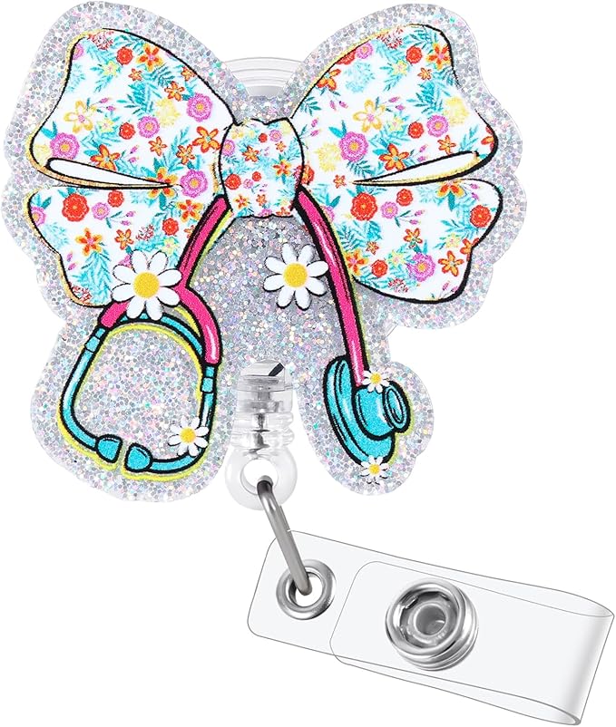 Cute Floral Bow Stethoscope Doctor Badge Reel, Funny Retractable ID Card Healthcare Badge Holders, Name Tag Medical Badge Clip for CNA LPN RN MA ER Night Shift Nurse Pediatric Doctor Gift, Acrylic