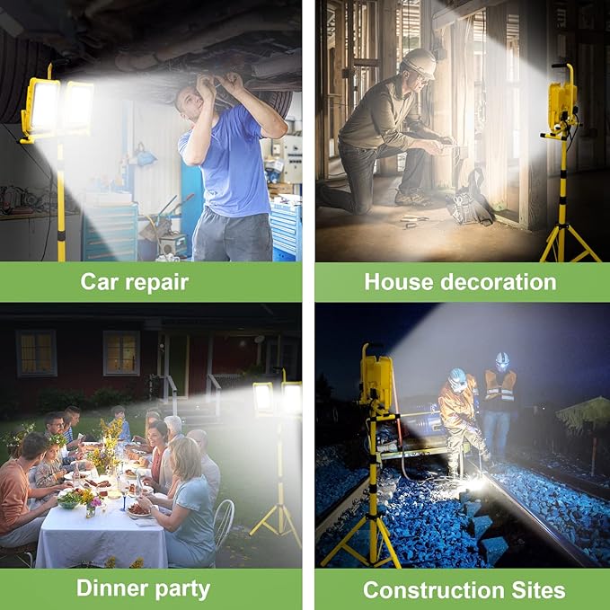 25000 Lumen Work Lights with Stand, Dual Head LED Work Light with USB & Socket, Waterproof Portable Lights with Individual Switch, Led Flood Light with 72 Inch Adjustable Metal Telescoping Tripod
