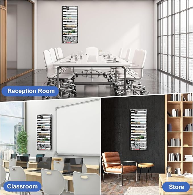 EasyPAG Wall File Holder 14 Tier Mesh Hanging Folder Organizer with Flat Tray Wall Mounted Mail Organizer Magazine Paper Desk Shelf with Nametag Label for Office Home School, Black