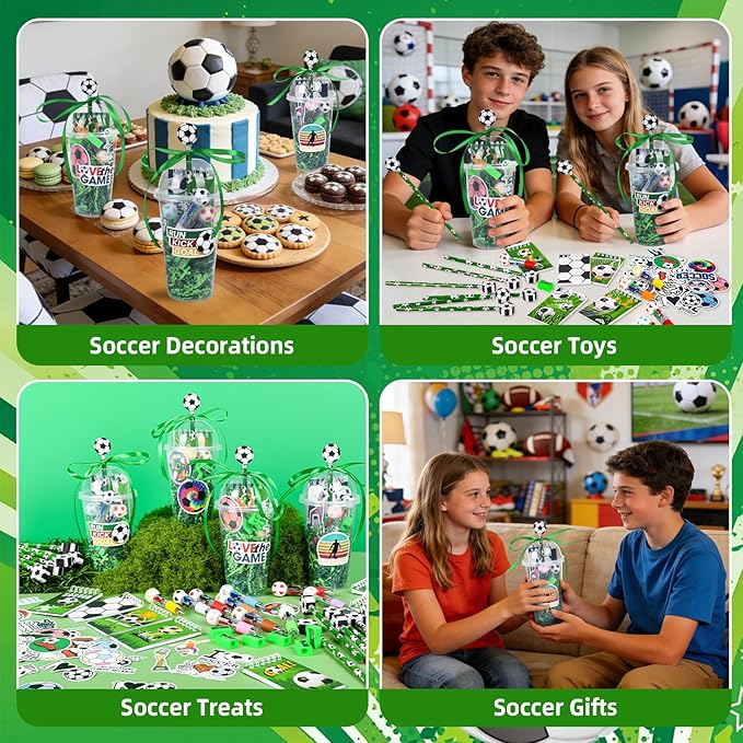 LiYiQ 247 Pcs Soccer Party Supplies Return Gifts for Party, Student Stationery Gifts from Teacher Rewards Prizes, Pencil Erasers Notebooks Stickers for Soccer Classroom Birthday