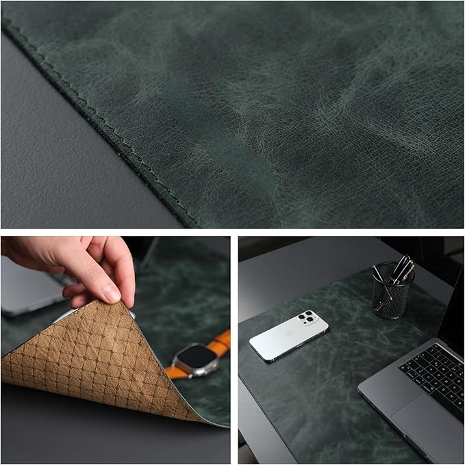 TORONATA Jersey Genuine Calfskin Leather Desk Pad, Office Desk Mat with Non-Slip Bottom, Smooth Surface for Mouse & Keyboard, Desk Protector (36x19 inches) (Dark Green)