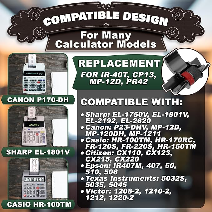 3 Pack IR40T Calculator Ink Roller, Black/Red - Compatible with Casio HR-170RC, HR-100TM / Canon P23-DHV, P170-DH3 / Sharp EL-1801V, EL-1750V & More - Individually Sealed Calculator Ink Cartridge