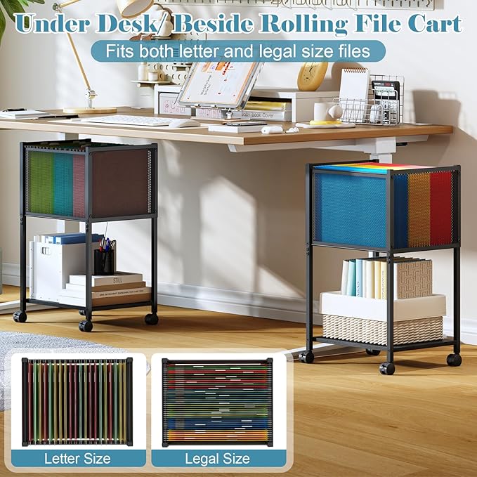 Sbanmao Letter/Legal Rolling File Cart, Narrow Mobile File Cabinet with Wheels Hanging Files, Metal Hanging File Folder Cart File Organizer Under Desk Storage for Home Office, Black