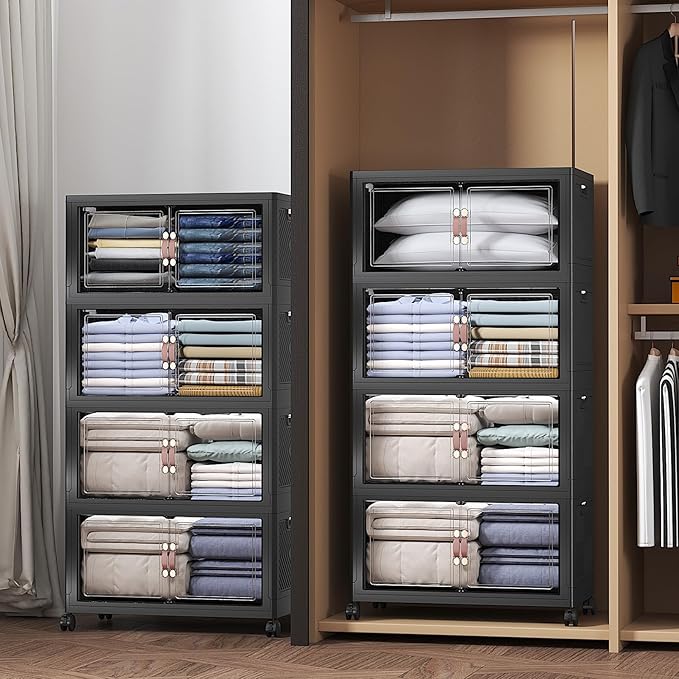 UAMFURI Extra Large Stackable Storage Bins with Lids & Wheels & Door, 416QT-52QT/13GAL*8Pack Foldable Collapsible Closet Organizers, Plastic containers drawers for bedroom Dorm