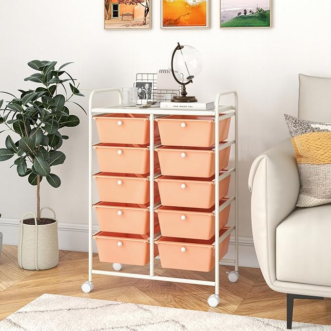 LDAILY 10 Drawer Rolling Cart, Storage Cart Organizer on Wheels, Drawer Cart with Metal Frame & Large Storage Capacity, Rolling Cart with Drawers for Living Room Classroom, Office