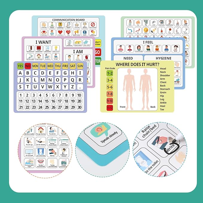 6 Pcs Communication Boards for Non Verbal Adults 11.81 x 8.27'' Colorful Picture Symbol Communication Cards Speech Tool for Autism Aphasia Stroke Patients Hospital Care Use (Multi)