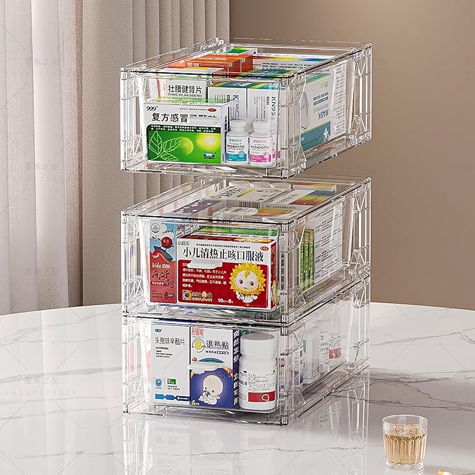 Sgoostood 6 Pack Stackable Organizer Drawers, Clear Desk Storage Box,Transparent Drawer in Home, Office and Kitchen Pull Out Organizer Bins for Make Up, Pen, Desktop Stationary (6 Pack)