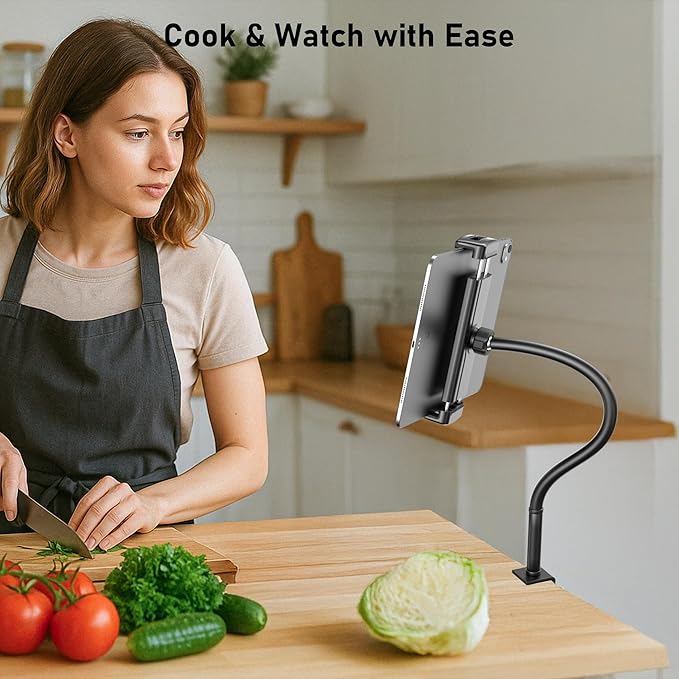 TeQable Tablet Stand for Desk, Gooseneck iPad Holder Clamp Mount, 360° Adjustable Arm Mount for iPad Pro/Air/Mini, Kindle Fire, Galaxy Tabs, 4.7"-13.5" Tablets, for Kitchen, Work, Video Call, Bed
