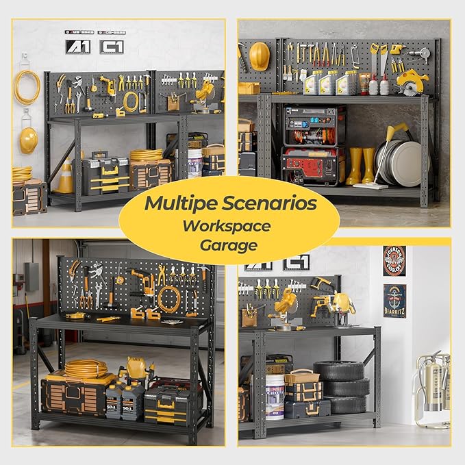 Storage Shelves with Pegboard,Heavy Duty Garage Shelving Units and Storage,Metal Shelving Adjustable Shelves,Garage Storage Rack,Industrial Utility Shelf For Kitchen,Pantry 47.2"H*47.09"W*19"D