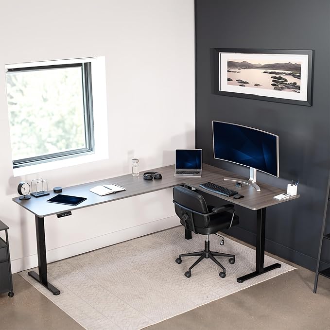 VIVO Electric Corner 84 x 63 inch L-Shaped Standing Desk, Memory Height Adjustment, Dark Gray Top Black Frame, DESK-E3CTBG-84