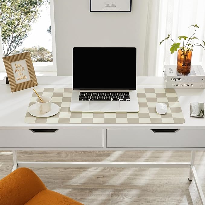 Ohocut Checkered Desk Mat, Large Cute Aesthetic Retro PU Leather Computer Laptop Desk Mat, Non-Slip Waterproof Mouse Keyboard Pad, Desk Writing Mat for Work/Home (Khaki, 23.6" x 13.7")
