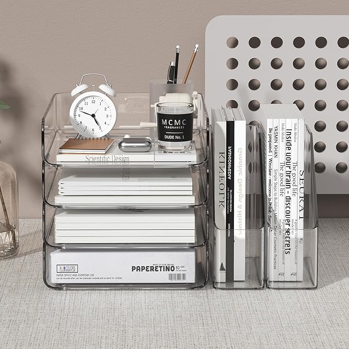 FANXIYQ 4-Tier Brown Acrylic Paper Tray Organizer for Desk + 2 Bookends – Stackable Letter Tray, Acrylic Desk Accessories/File Organizer, Office Paper Organizer