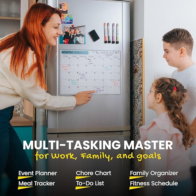 Monthly Magnetic Calendar for Refrigerator - 17x12” Stain-Resistant Dry Erase Fridge Calendar Whiteboard with Large Writing Space for Schedules, Chores & Meals - With 4 Markers & Eraser - Monday Start