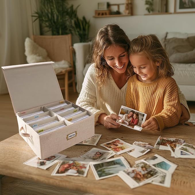 Erogeen Decorative Photo Storage Box with lid 4x6, 8 Inner Photo Organizer with Dividers, Memory Storage Box for Pictures, Stamps, Keepsakes (Beige)