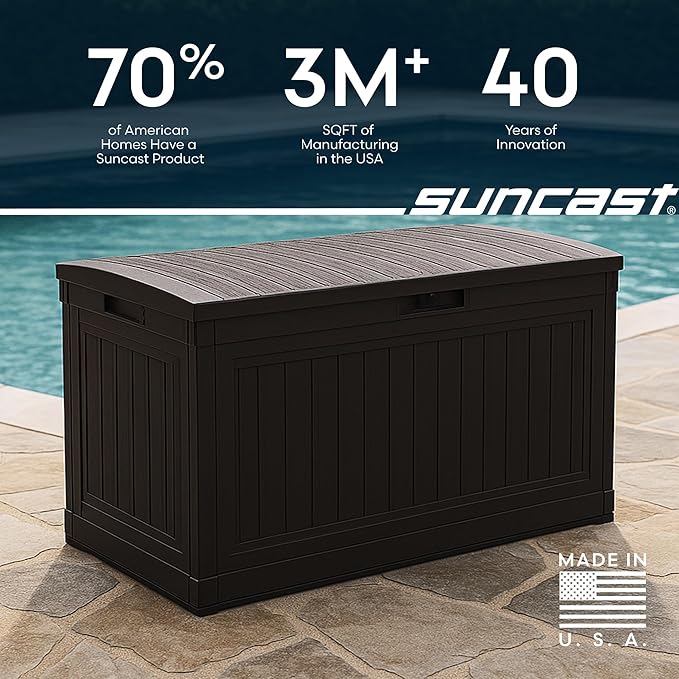 Suncast 80-Gal. Waterproof Resin Large Outdoor Patio Deck Box with Pad-Lockable Lid, Modern Outdoor Patio Bench/Storage Box for Cushions, Garden Tools, and More, Java