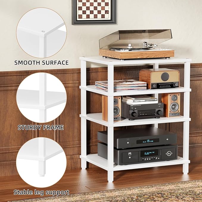 LELELINKY 4-Tier AV Media Player Stand, Stereo Stand, Modern Audio Shelf,Wooden TV Stand,Multifunctional Media Console Shelf, Suitable for Home, Conference Room, White