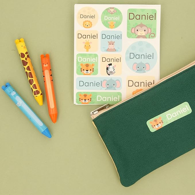Large Name Labels for Kids (33) - Custom Stickers for Daycare and School Supplies - Durable, Waterproof Stickers for Water Bottles, Lunch Boxes, and More with Unique Designs - Exotic Animals