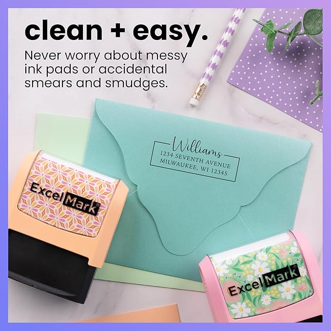 ExcelMark Address Stamp - Custom Return Address Stamp with Elegant Designs, Vibrant Colors & Patterns – Perfect for Mail, Invitations & Gifts (Peach Mount, Signature Frame)