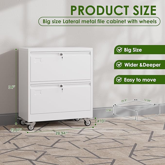 METAN Upgrade 2 Drawers Lateral File Cabinet on Wheels,Steel Office Filing Storage Cabinet with 2 Locks,White,Assembly Required