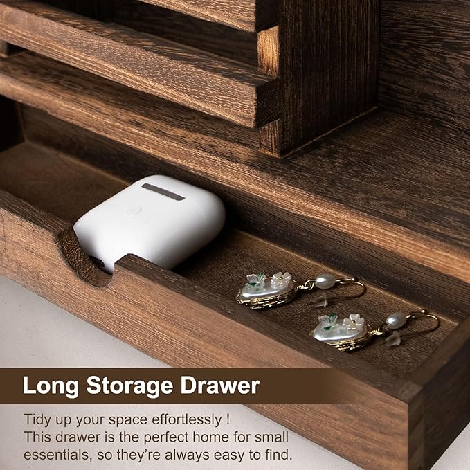 Lucundm Key Holder Wall Mount, Mail Holder with Storage Drawer and 5 Key Hooks for Coat, Dog Leash, Home Decor Rack, House Accessories, Entry Way Organizer
