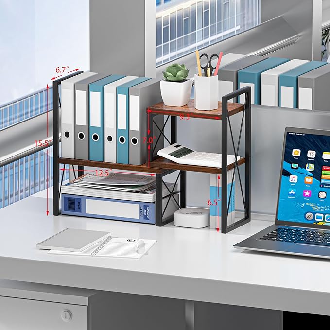 Yelinkws Desktop Shelf Organizer,Small Bookshelf for Office,Wood Desk Top Shelves, Office Organization and Storage (Brown)