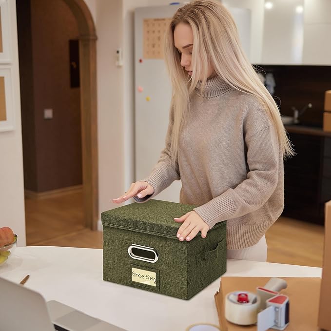 Remowith Greeting Card Organizer and Storage Box with 20 Pcs Adjustable Dividers, Storing Cards with 84 Pcs Labels Perfect for Storing Greeting Cards, Envelopes, Photos 1 Pack Olive Green