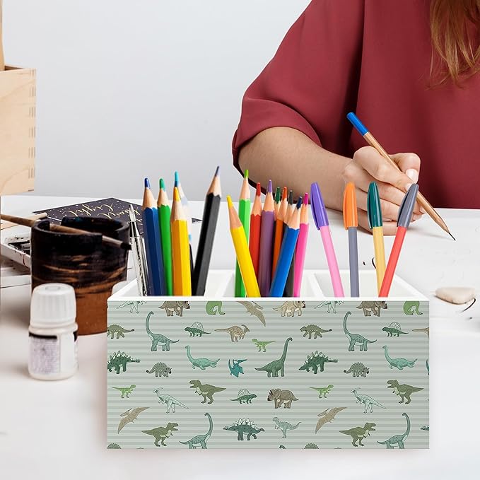 QZQE Dinosaur Gifts Pen Pencil Holder Organizer for Desk, Dinosaur Gifts for Boys Kids, Dino Striped Wooden Box Signs Decorations for Home Classroom Kids Boys Room Bedroom Desk Tabletop