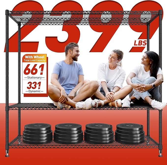 REIBII 60''W Storage Shelves 2399LBS Wire Shelving with Wheels Garage Shelving Heavy Duty Metal Shelves for Storage Rack Adjustable Shelf for Commercial Garage Kitchen, 60" W x 18" D x 65.5" H
