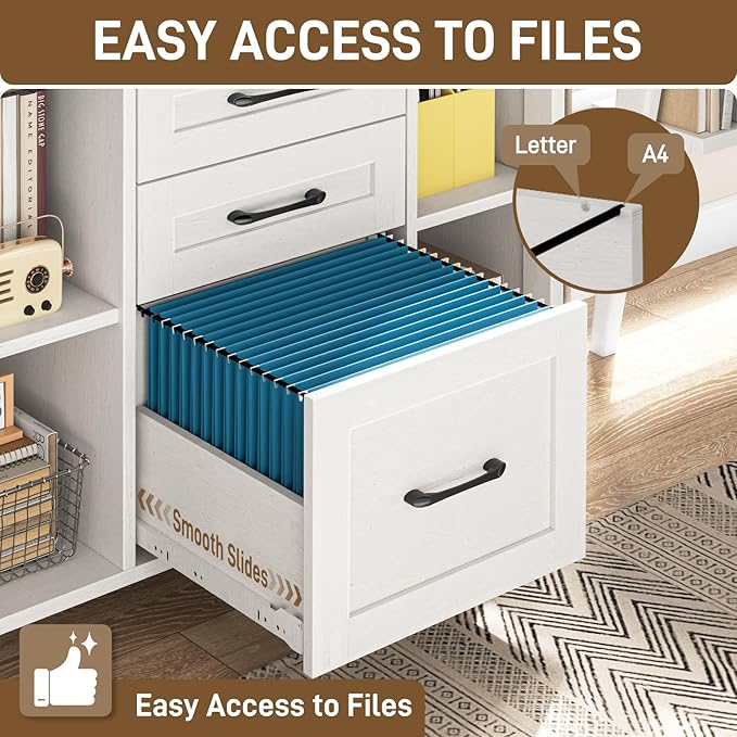 Vabches File Cabinet with 3 Drawers, Farmhouse Lateral File Cabinet Fits Files Letter/A4 Size, Wooden Filing Cabinet with Adjustable Shelves Printer Stand for Home Office, White