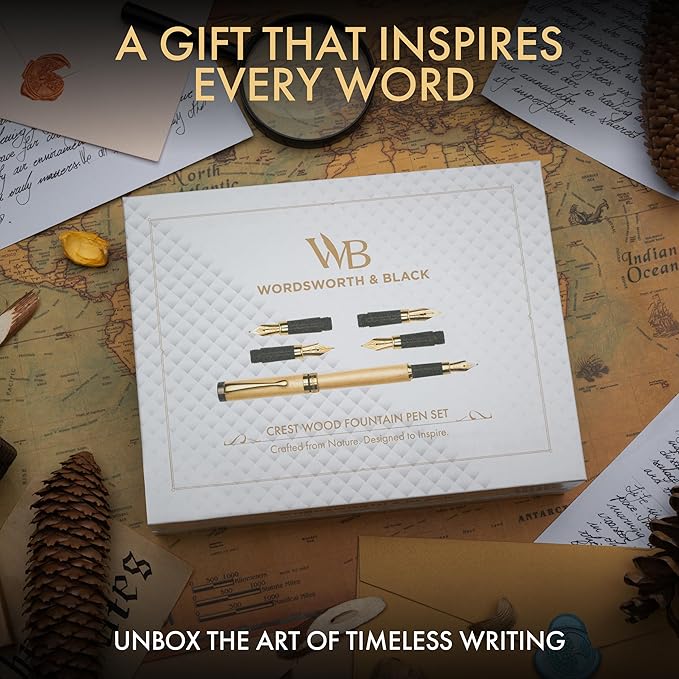 Wordsworth & Black Fountain Pen Gift Set, Includes Ink Bottle, 6 Ink Cartridges, Ink Refill Converter, 4 Replacement Nibs, Luxury Bamboo, Journaling, Calligraphy, Smooth Writing Pens [Maple Wood]