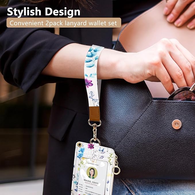bolimoss 2-in-1 ID Badge Holder & Lanyard Wallet for Womens Cute Floral Zipper Wallet with Removable Wrist & Neck Lanyard, Clear Window, 5 Card Slots, Ring Keychain for Worker Teacher Nurse Couriers