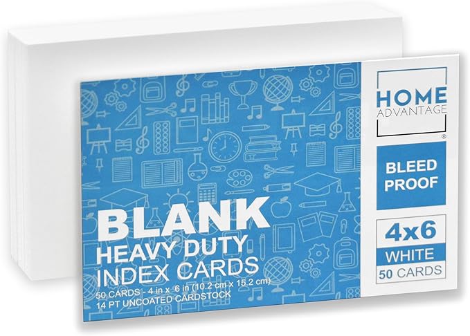 Home Advantage 4x6 Blank Index Cards - 50 Pack of Heavy Duty Bleed Proof Notecards & Flashcards