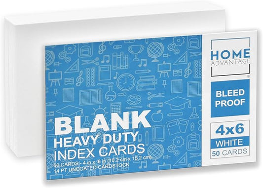 Home Advantage 4x6 Blank Index Cards - 50 Pack of Heavy Duty Bleed Proof Notecards & Flashcards