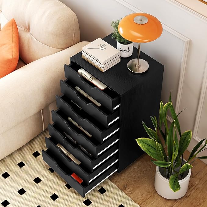 Giantex 7-Drawer Storage Cabinet, Mobile File Organizer with 4 Universal Casters, Wooden Vertical Filing Cabinet on Lockable Wheels for Office, Study, Living Room (19.5” x 16” x 34.5”,Black)