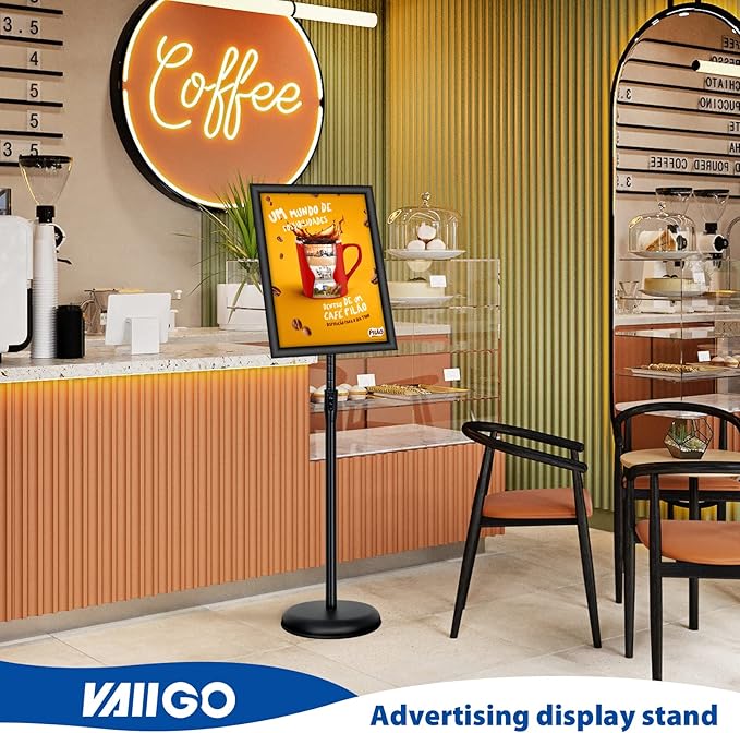 VAIIGO 6Packs 11x17 Inch Adjustable Pedestal Poster Sign Stand, Heavy Duty Floor Standing Sign Holder Stand Aluminum Snap Open Frame for Vertical and Horizontal View Sign Displayed(Black)