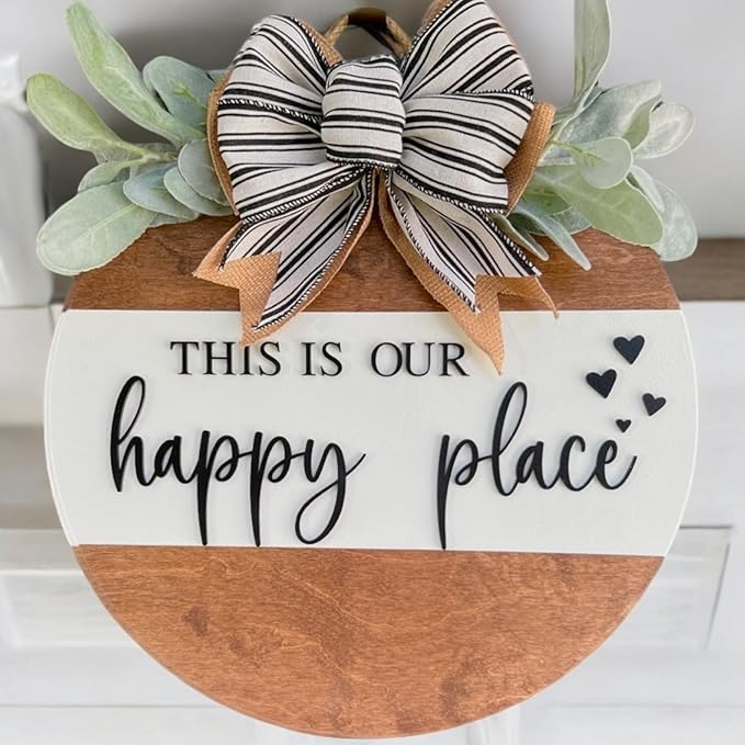 Wood front door sign Wood sign Home decor Welcome sign Sign for front door House warming gift Wedding gift (Happy place-DS001(A6) S003, 11" Width)